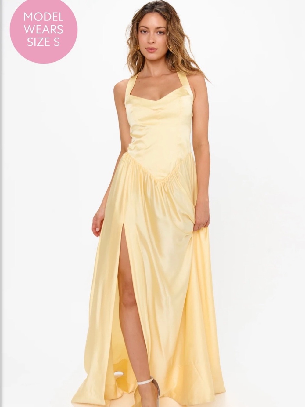 Show Me Your MuMu Pale Yellow Satin V-Neck Maxi Dress with Front Slit